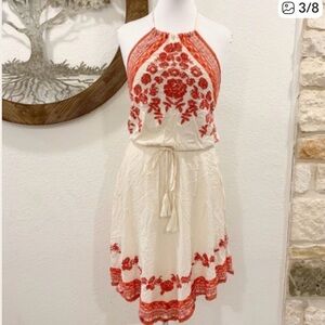 Anthropologie Floreat Amaranthine Halter Dress Embroidered Cream Red Small